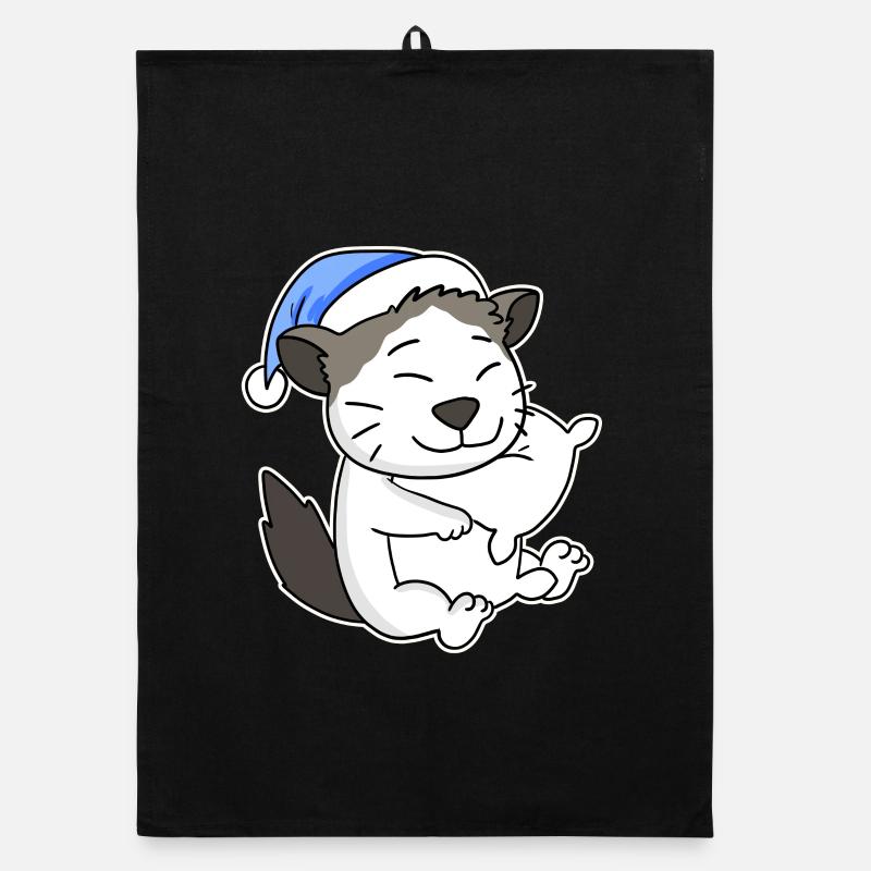 Dormir fatigué - Chat avec oreiller et bonnet somnolent Torchon bio