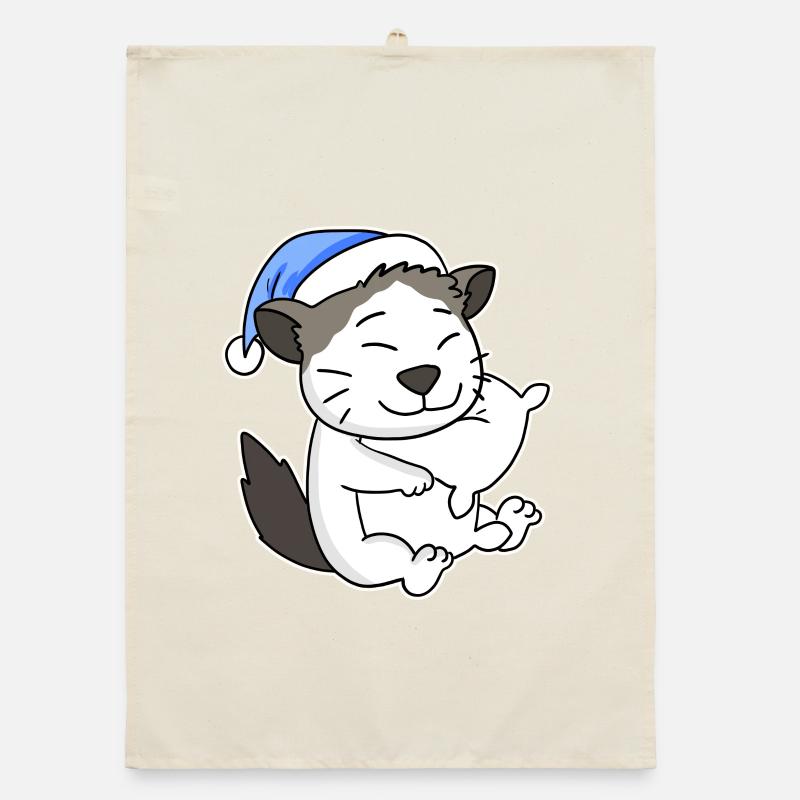 Dormir fatigué - Chat avec oreiller et bonnet somnolent Torchon bio
