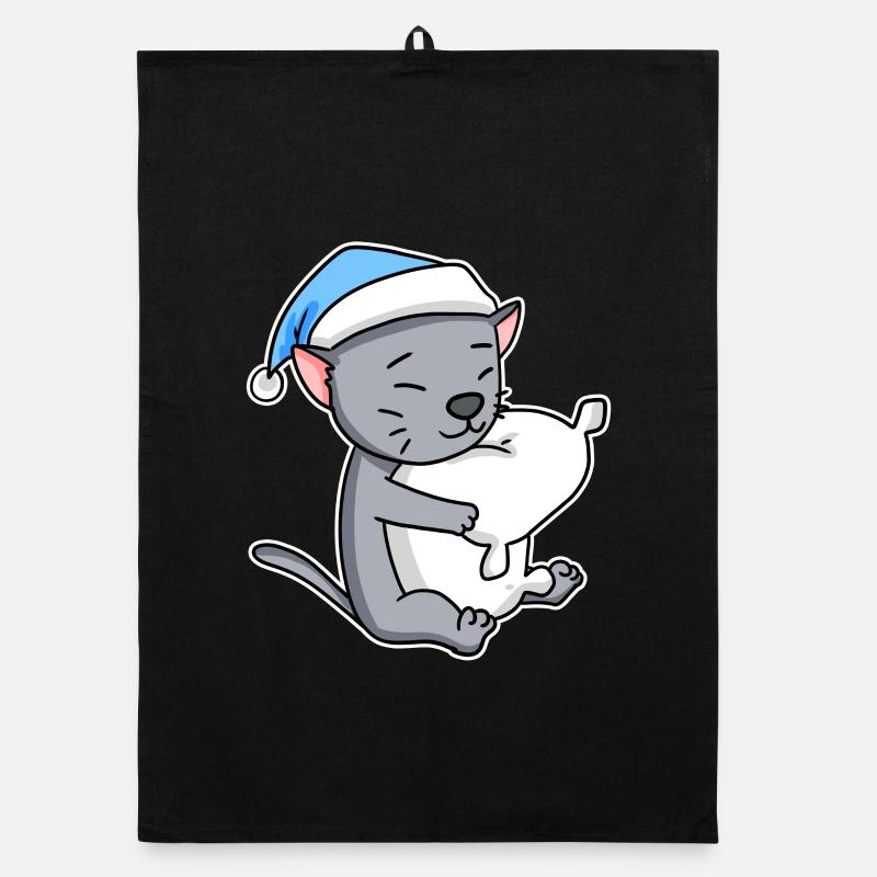 Dormir fatigué - Chat avec oreiller et bonnet somnolent Torchon bio