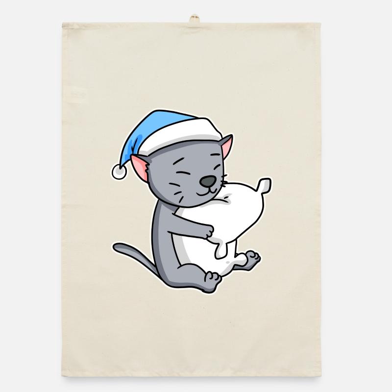 Sleeping Tired - Cat with Pillow and Sleepy Cap Organic dish towel