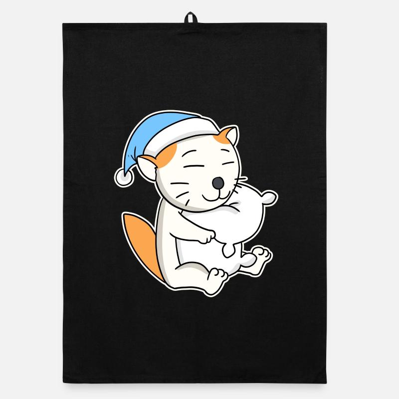 Dormir fatigué - Chat avec oreiller et bonnet somnolent Torchon bio