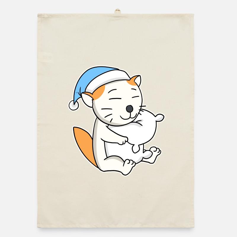 Sleeping Tired - Cat with Pillow and Sleepy Cap Organic dish towel