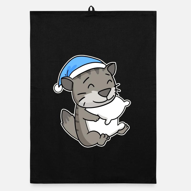 Dormir fatigué - Chat avec oreiller et bonnet somnolent Torchon bio