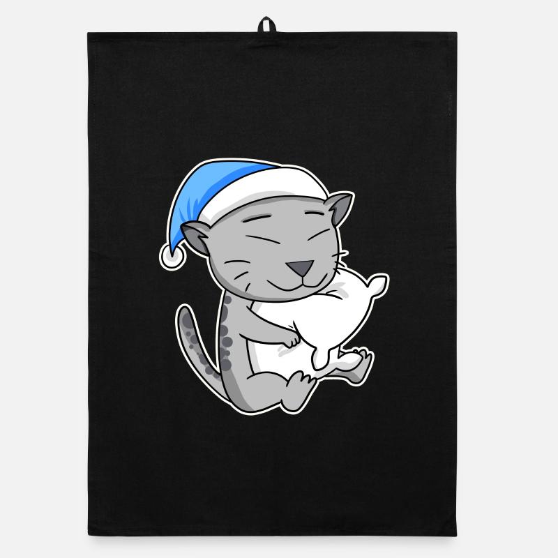 Dormir fatigué - Chat avec oreiller et bonnet somnolent Torchon bio