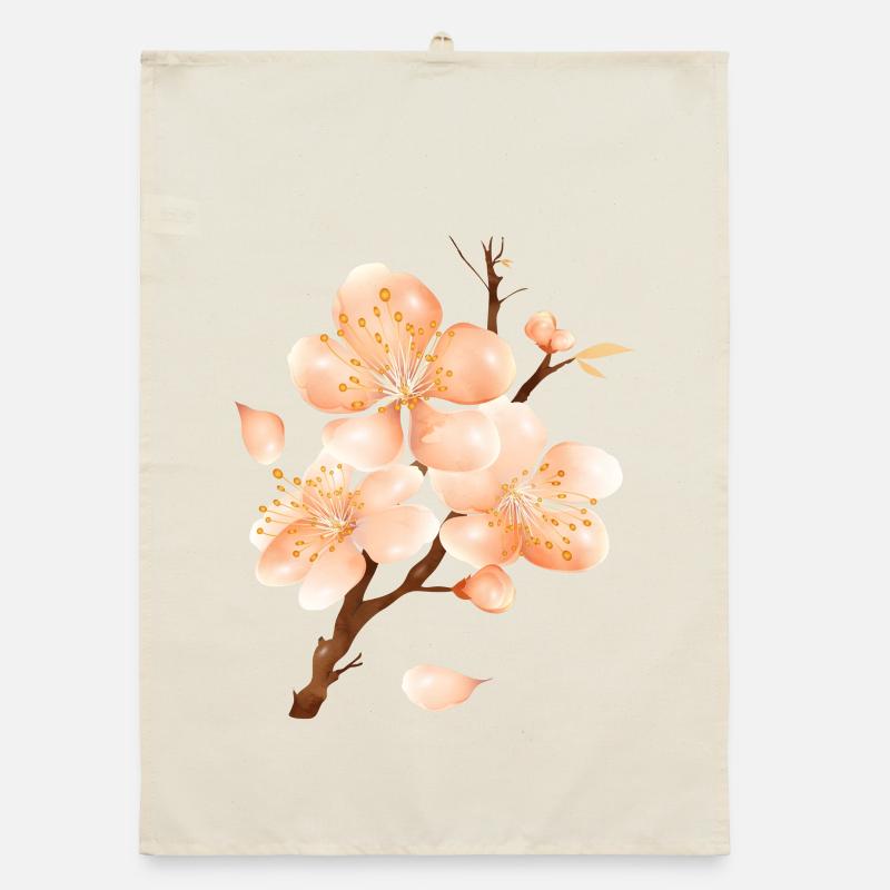 Branche de fleur de pêcher dans un ton pêche doux et velouté Torchon bio