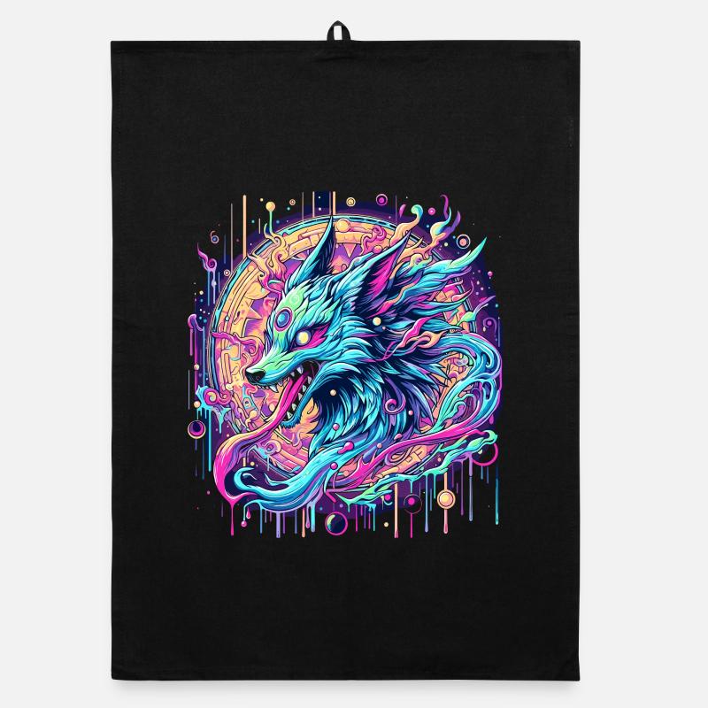 Psychedelic Fox Head Goa Art Organic dish towel