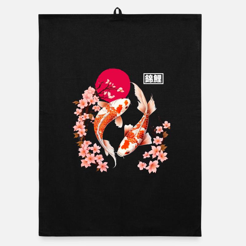Koi and cherry blossoms in the red moon Organic dish towel