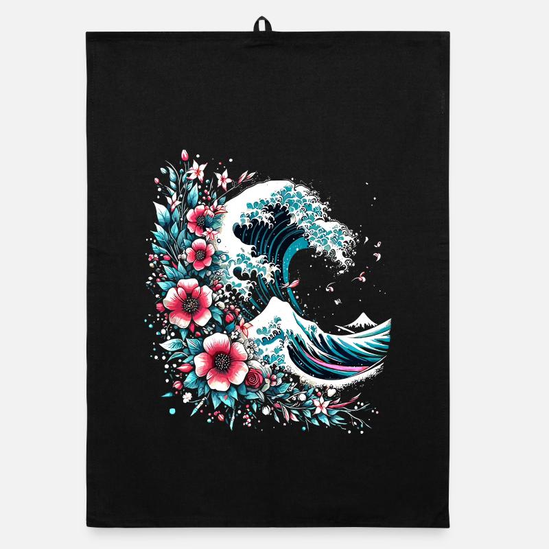 große Welle vor Kanagawa mit Blumen Organic Geschirrtuch
