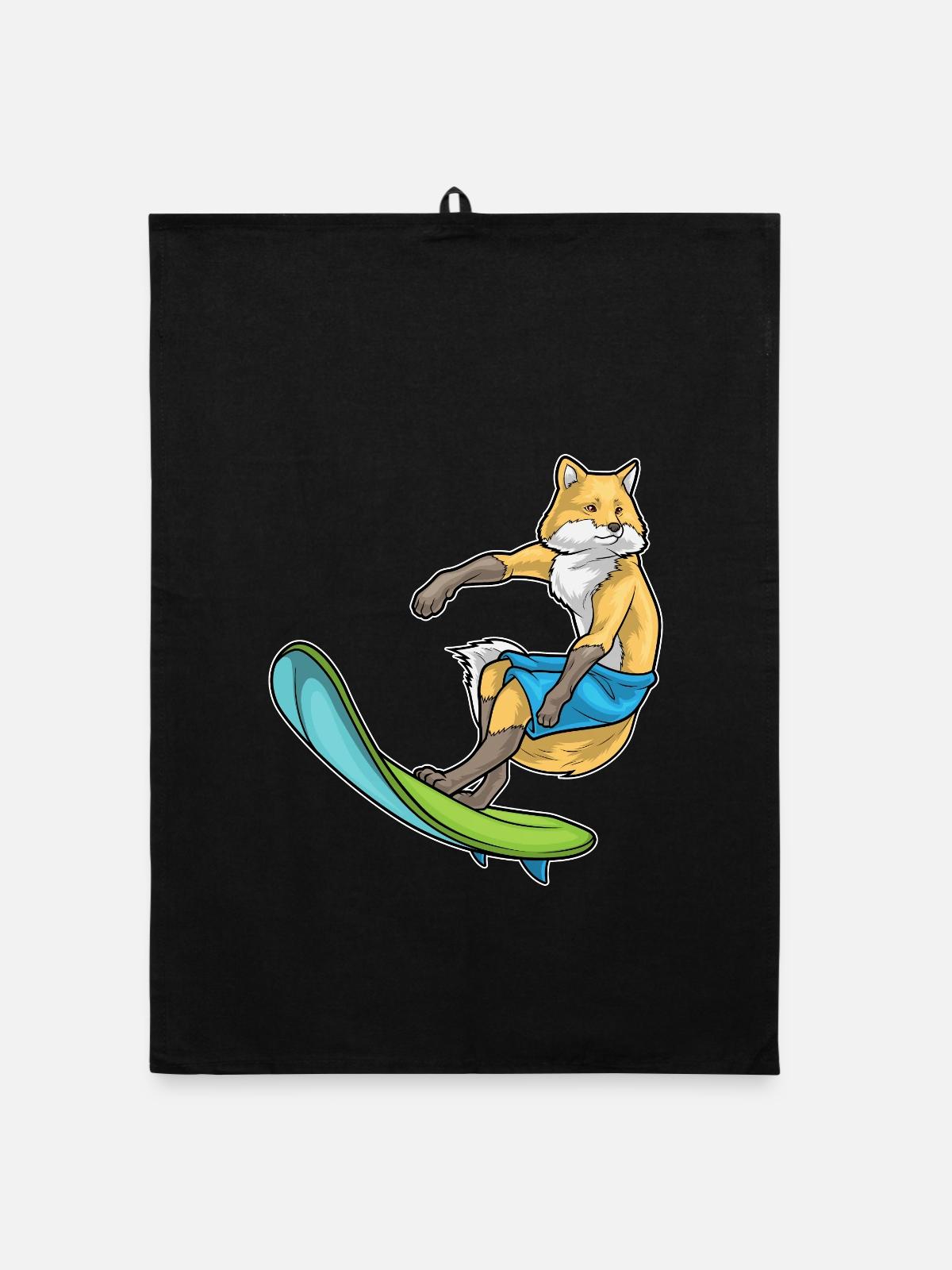 Fuchs Surfen Surfbrett Sommer - Organic Geschirrtuch - Schwarz - Vorne