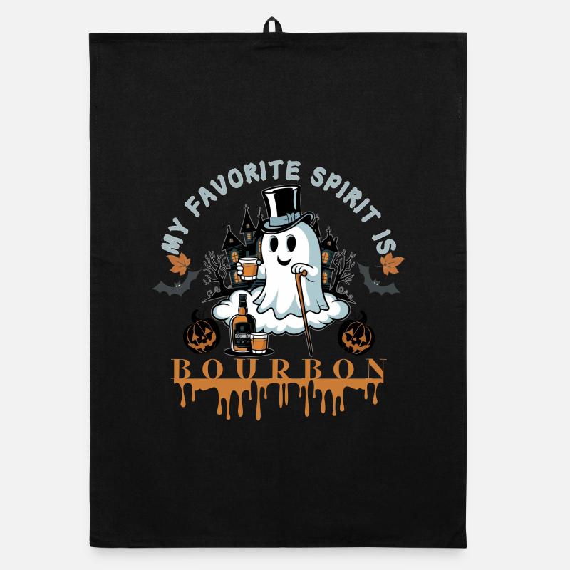 Ghost with Bourbon and Top Hat Halloween Organic dish towel