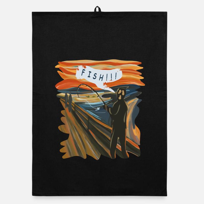 Graphique en éventail d’un pêcheur au coucher du soleil - Torchon bio - noir