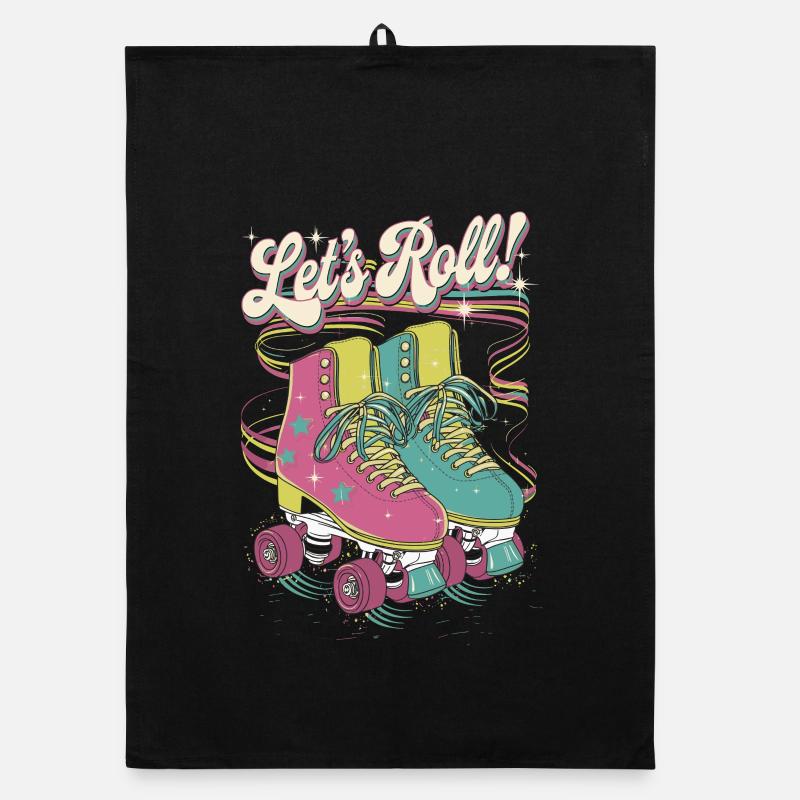 Let's Roll Colorful Retro Roller Skate Design Organic dish towel