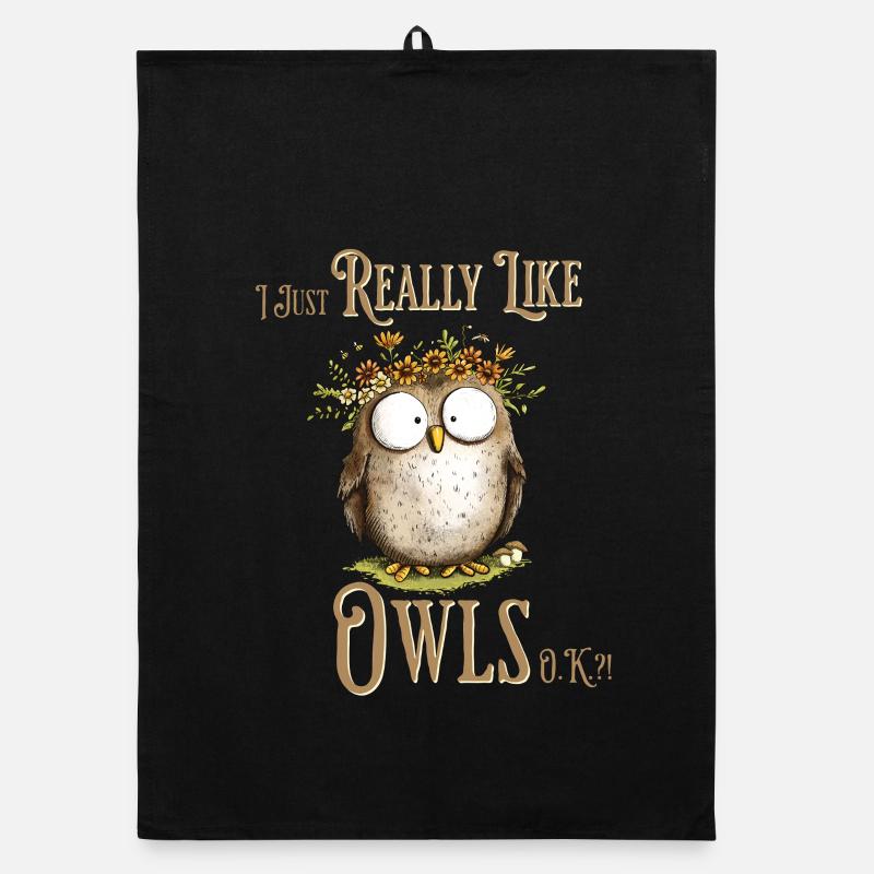 Eule mit Spruch I Really Like Owls - Organic Geschirrtuch - Schwarz
