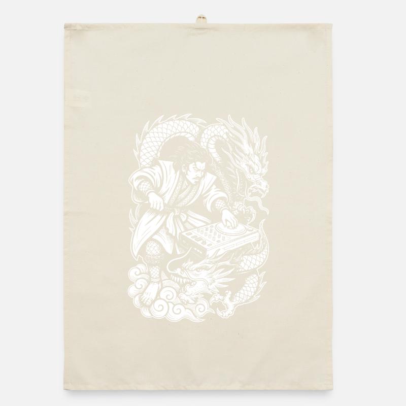 Samurai Shirt: Dragons Dancing Through Party Night Organic dish towel