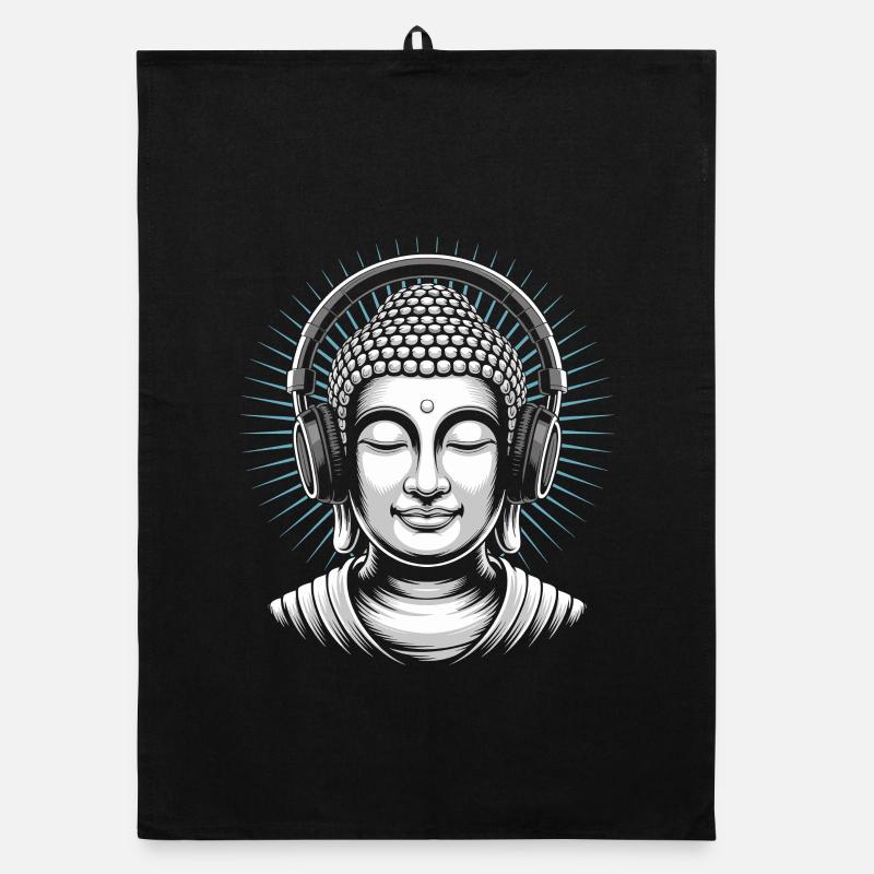 Bouddha avec casque Mindfulness Musique Boho Zen Torchon bio