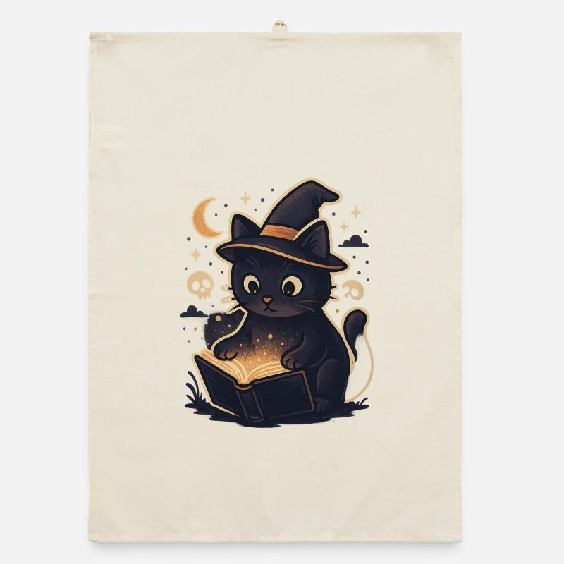 Haunted cat reads magic book Organic dish towel
