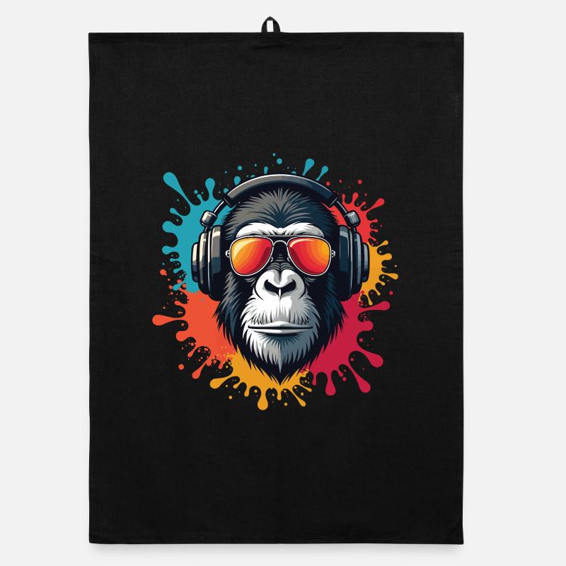 Gorille rétro avec casque et lunettes de soleil - Torchon bio - noir
