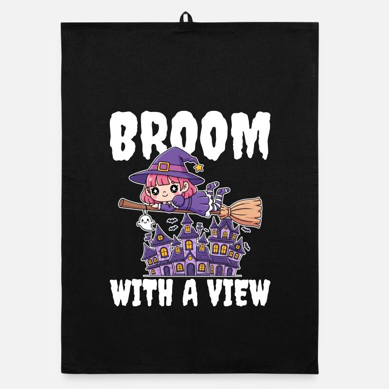 BROOM WITH A VIEW - WITCH HALLOWEEN Organic dish towel