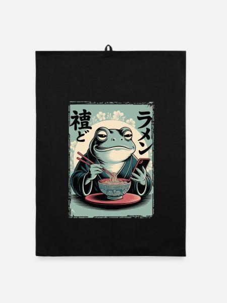 Lustiger Frosch, mürrisch, Japanische Kunst, Ramen - Organic Geschirrtuch - Schwarz - Vorne