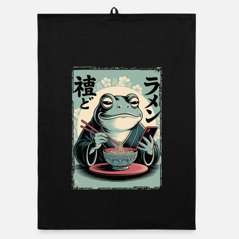 Funny frog, grumpy, Japanese art, ramen Organic dish towel
