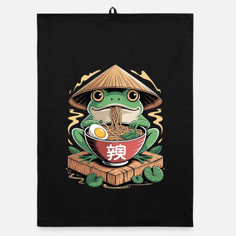 Cheerful ramen frog with rice straw hat and Organic dish towel