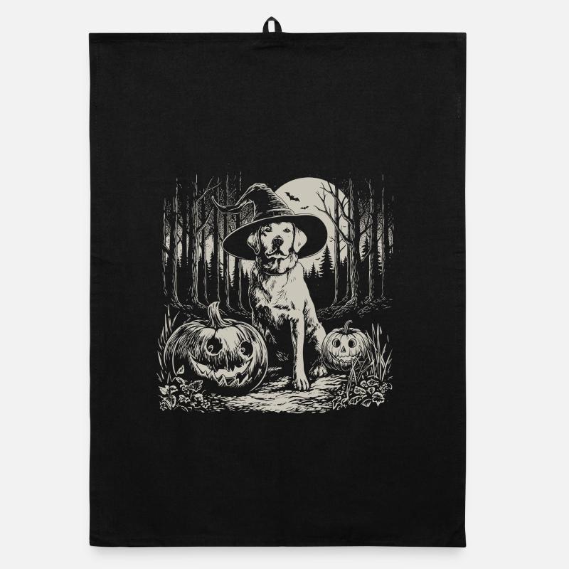 Spooky Lab with witch hat in the Halloween forest Organic dish towel