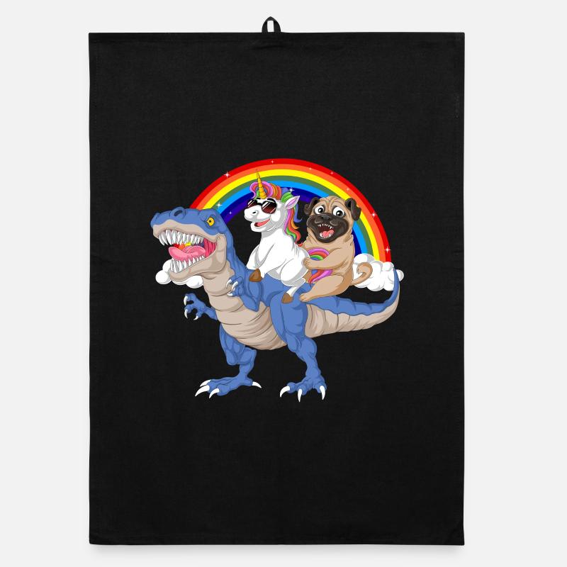 Regenbogen-Dinosaurier mit Einhorn und Mopsfahrt Organic Geschirrtuch
