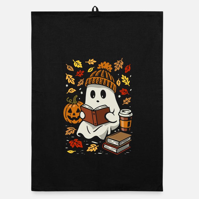 Gespenst mit Buch und Kaffee - Halloween Kostüm Organic Geschirrtuch