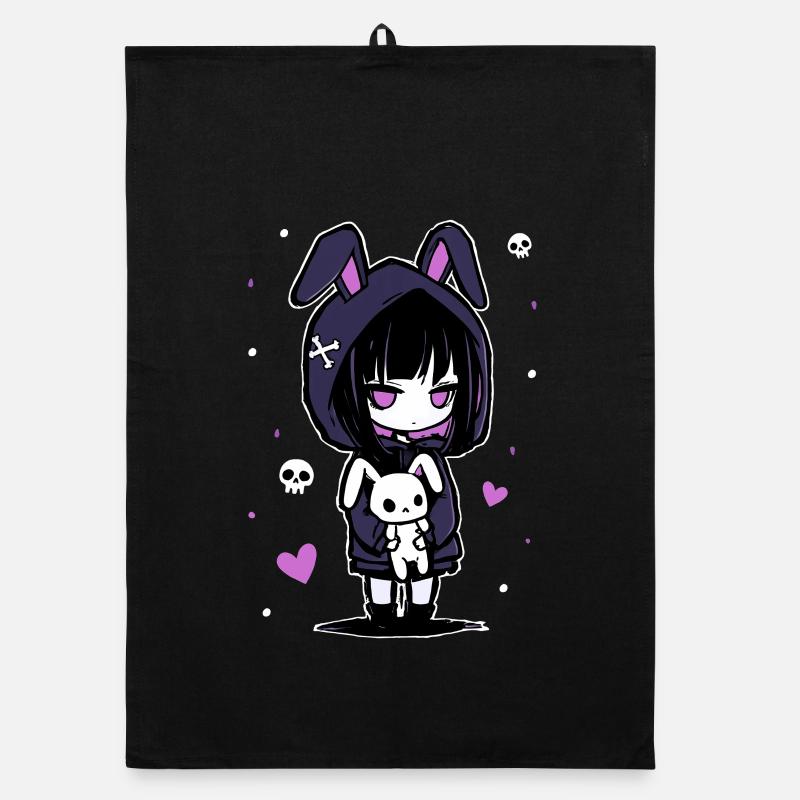 Fille d'anime gothique avec un sweat à capuche en forme de lapin et un crâne Torchon bio