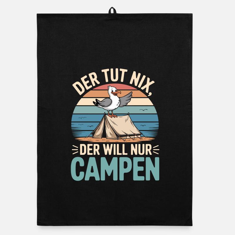 He doesn't do anything, he just wants to camp, seagull, tent, beach Organic dish towel