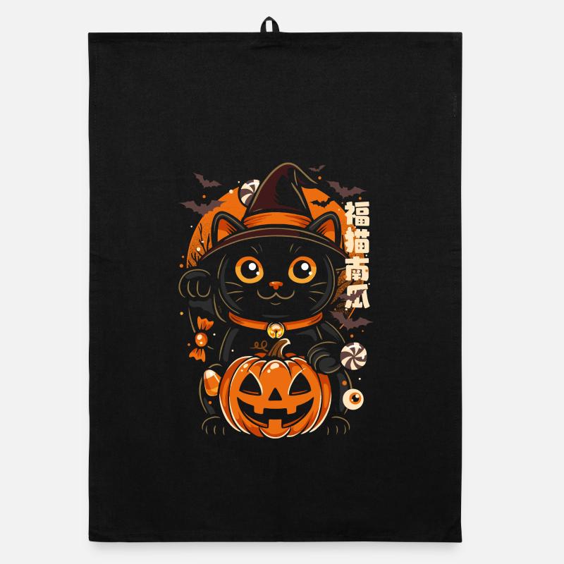 Chat Nocturne Halloween Citrouille Sorcière Torchon bio