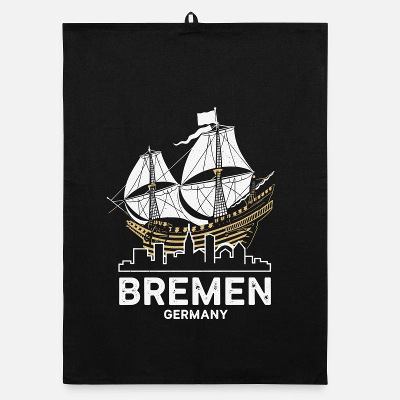 Historic Bremen Hanseatic Cog & Skyline Organic dish towel