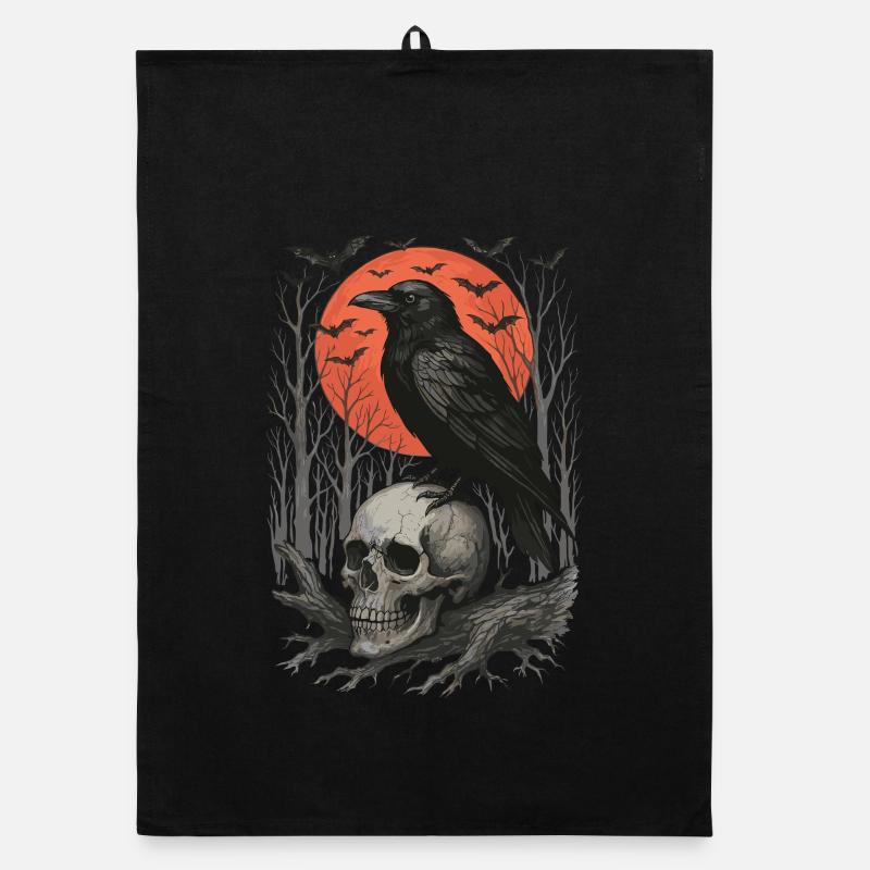 Raven Skull Moon Skull Gothic Black Crow Organic dish towel