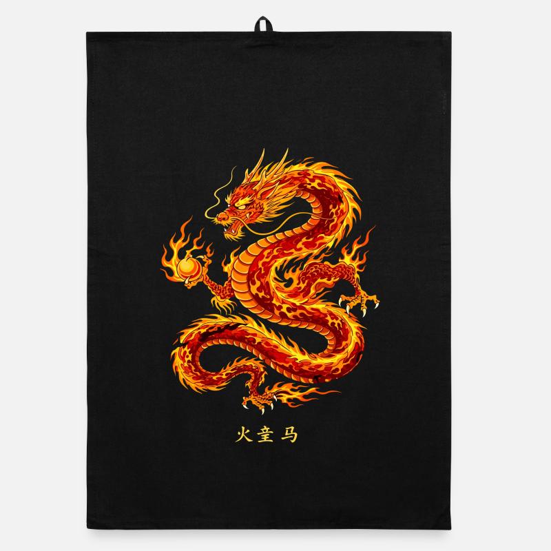 Puissant dragon de feu chinois - Torchon bio - noir