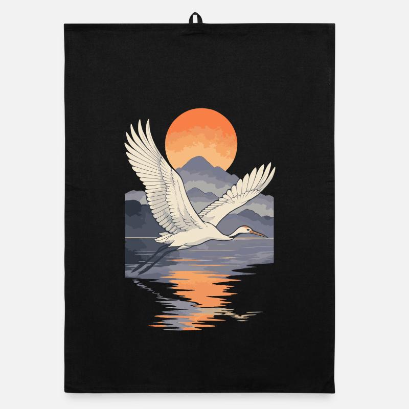 Crane Flying at Sunset Reflection Organic dish towel