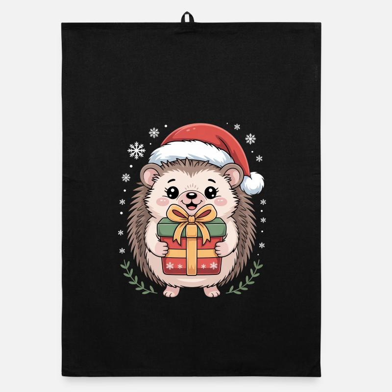 Christmas hedgehog with hat and parcel Organic dish towel