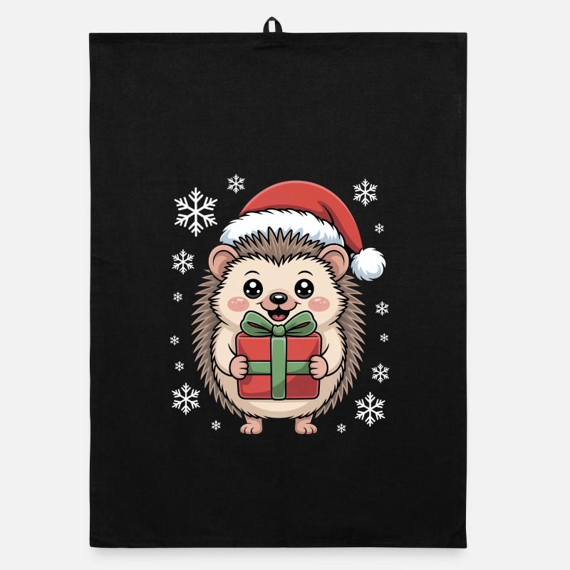 Christmas hedgehog with Santa hat and package Organic dish towel