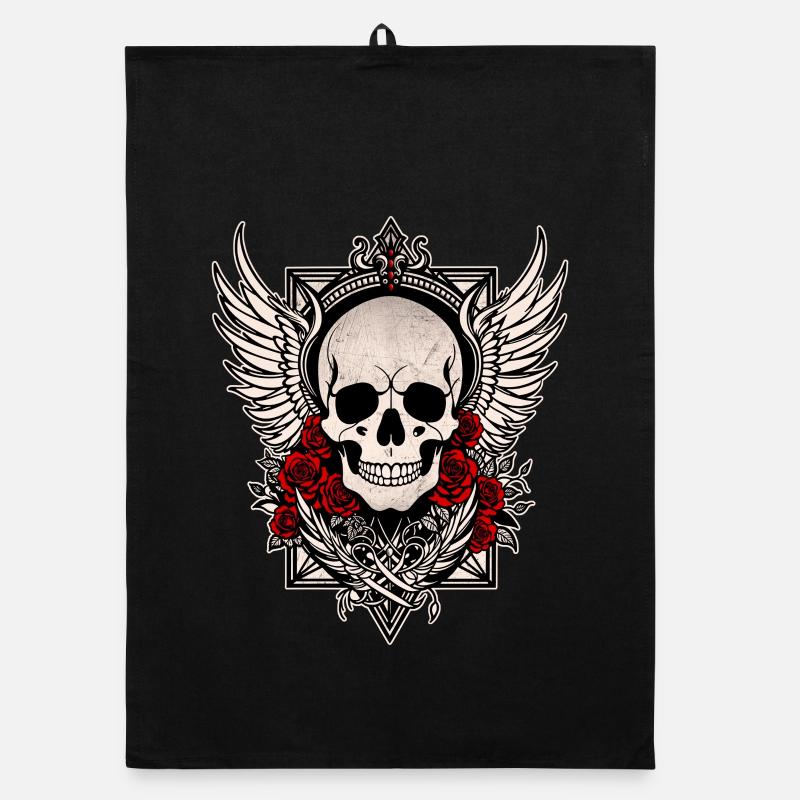 Skull skull angel wings red roses goth Organic dish towel