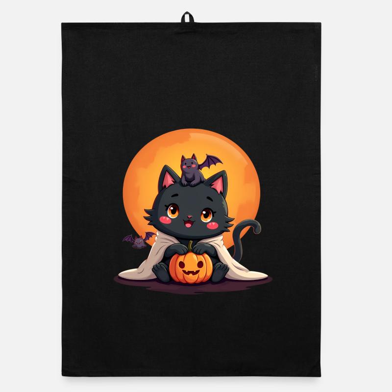 Chat d’Halloween avec citrouille d’Halloween Torchon bio