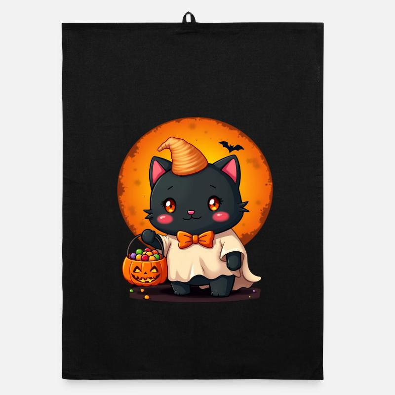Chat d’Halloween avec citrouille d’Halloween Torchon bio