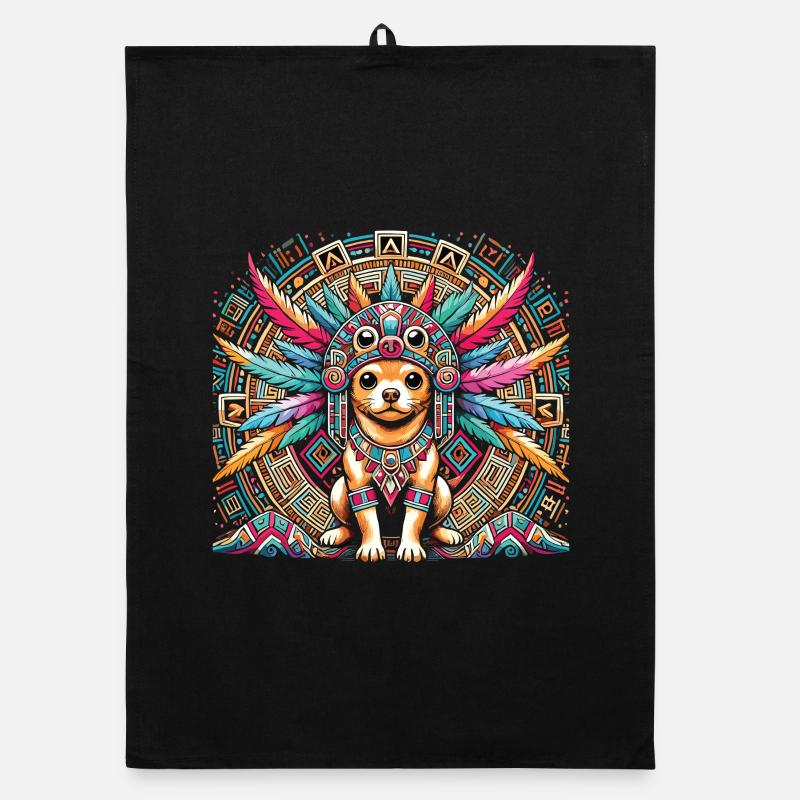 Aztec dog with feathers Organic dish towel