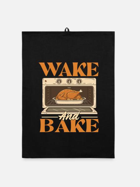 Wake And Bake Funny Thanksgiving Autumn Style - Organic dish towel - black - Front
