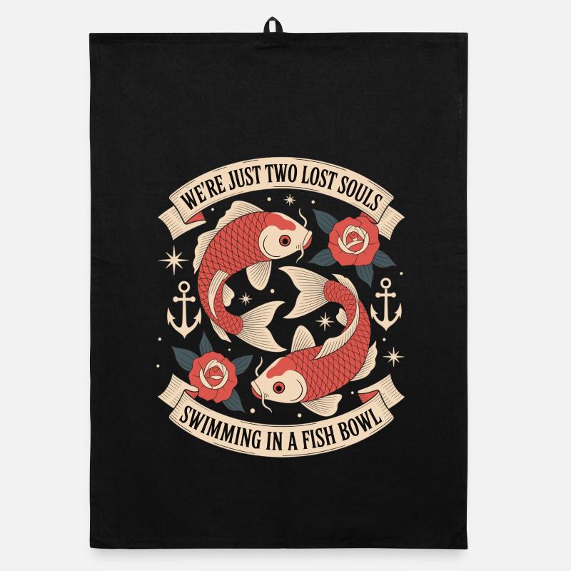 Deux âmes perdues - Style de tatouage de poisson koi - Torchon bio - noir