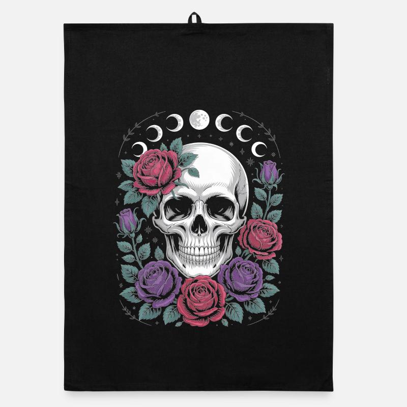 Gothic Skull with Moon Phases and Roses Design Organic dish towel