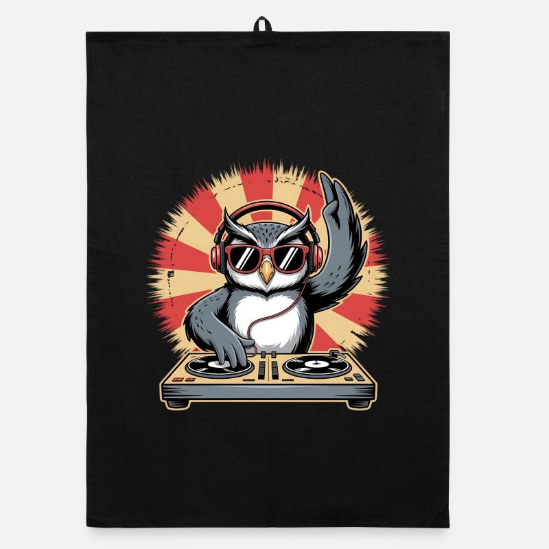 DJ Owl with Turntables Organic dish towel