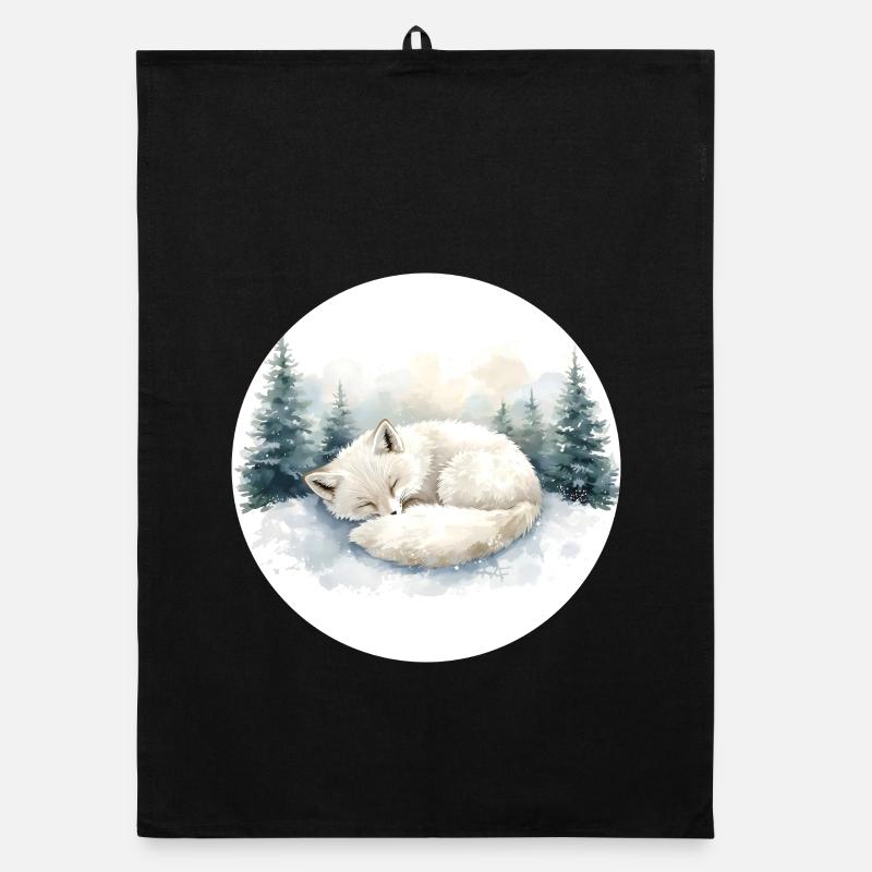 Renard arctique Snowsleep Aquarelle - Torchon bio - noir