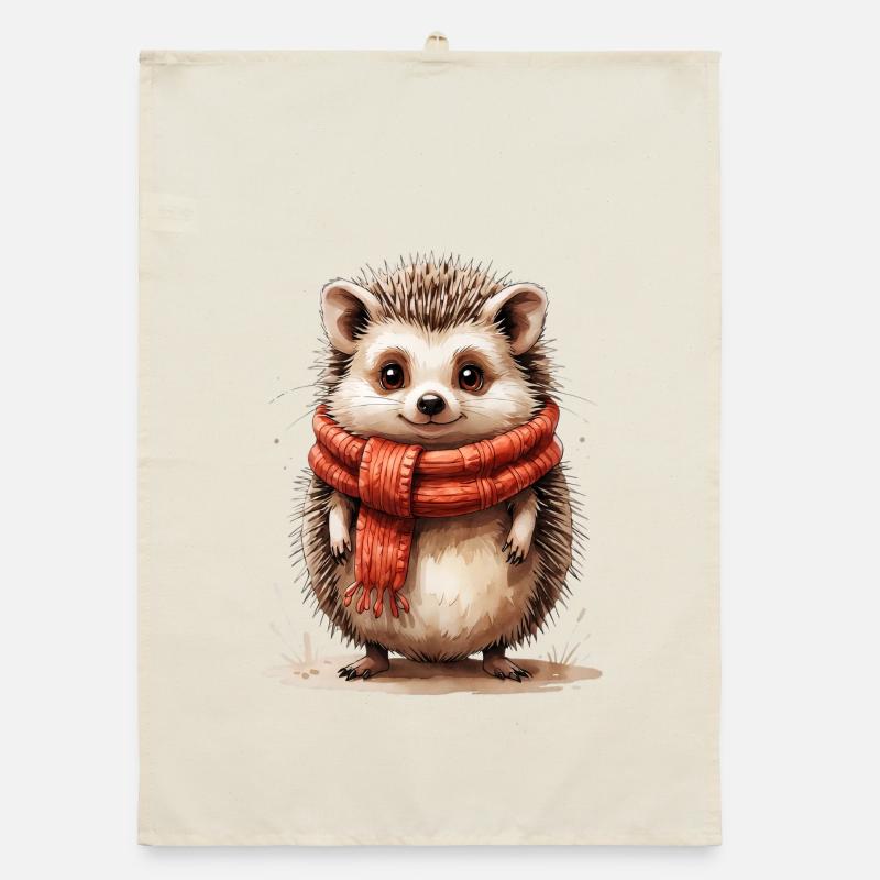 Hérisson d’hiver avec écharpe rouge Torchon bio