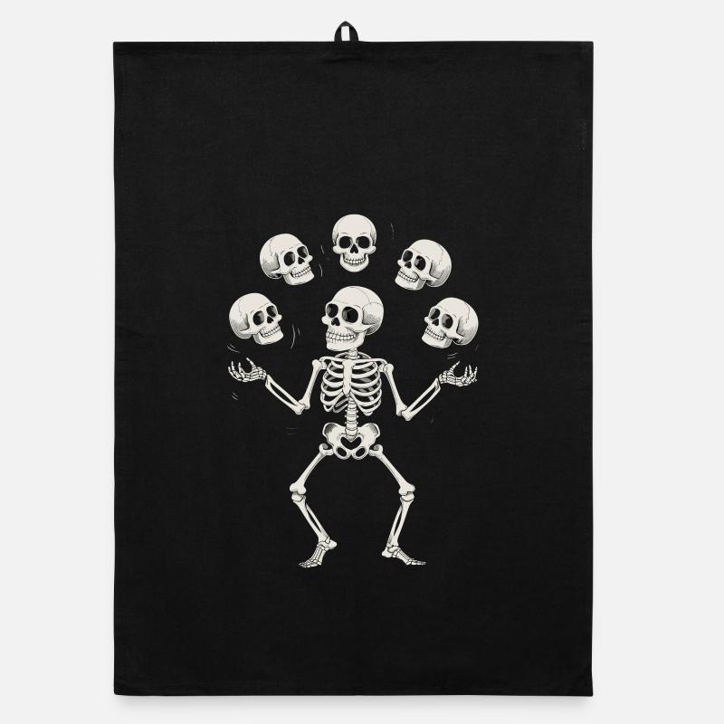Skeleton juggling with skulls art Organic dish towel