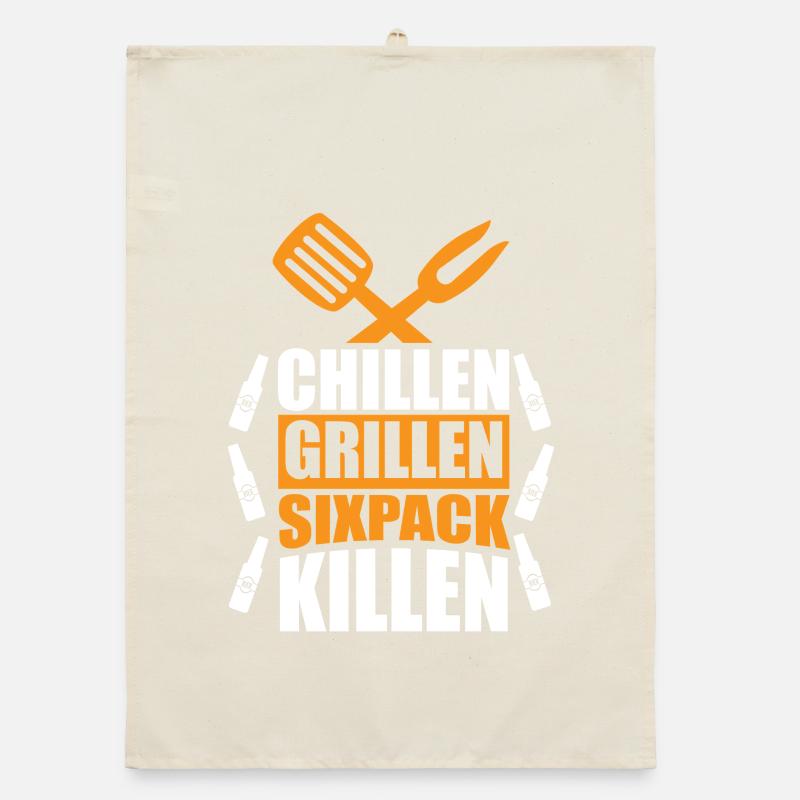 Chilling Grilling Sixpack Kill / BBQ Saying Funny Organic dish towel