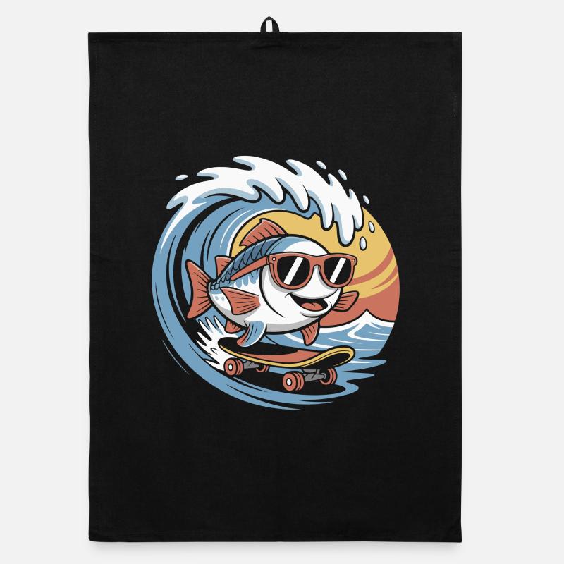 Surfing fish with sunglasses Organic dish towel